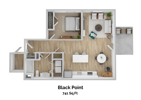 Floor plan for 1 bed, 1 bath, 741 sqft